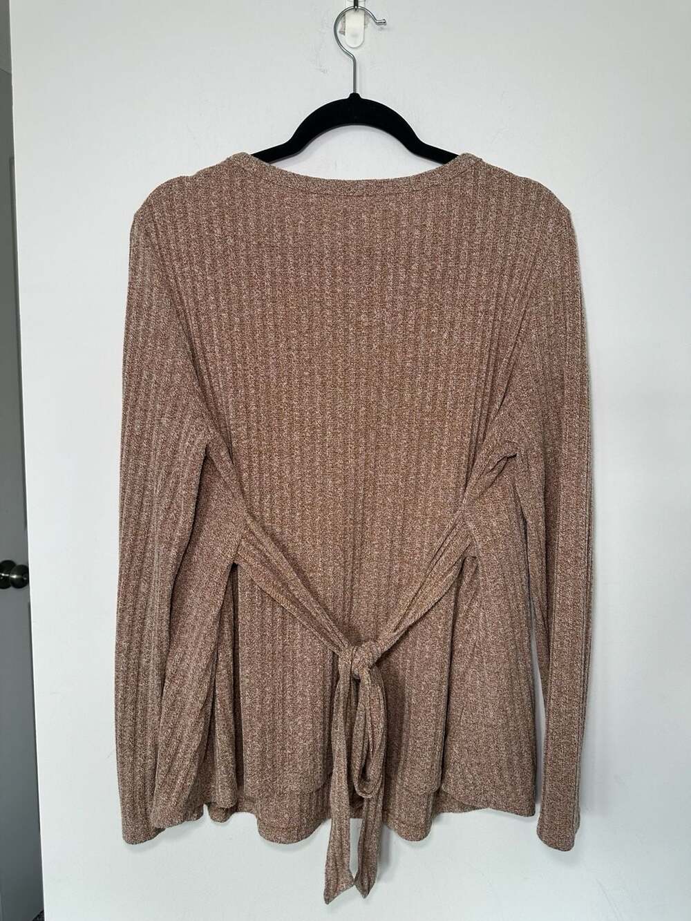 Tie-Back Ribbed Knit Long Sleeve Top Size XL Brown